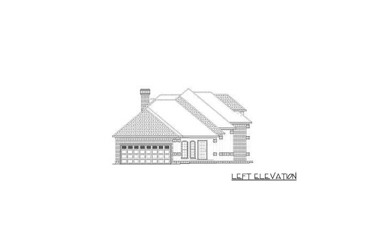 Left elevation drawing of a single-story house with a garage, arched windows, and a prominent chimney.