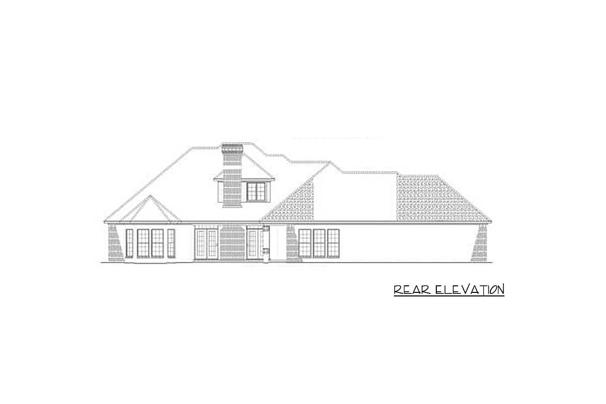 Rear elevation house plan with multiple gables, dormer window, large chimney, and numerous windows.