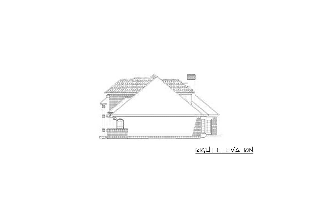 Right elevation drawing of a two-story house plan with multiple gables, a prominent hip roof, and a brick base.
