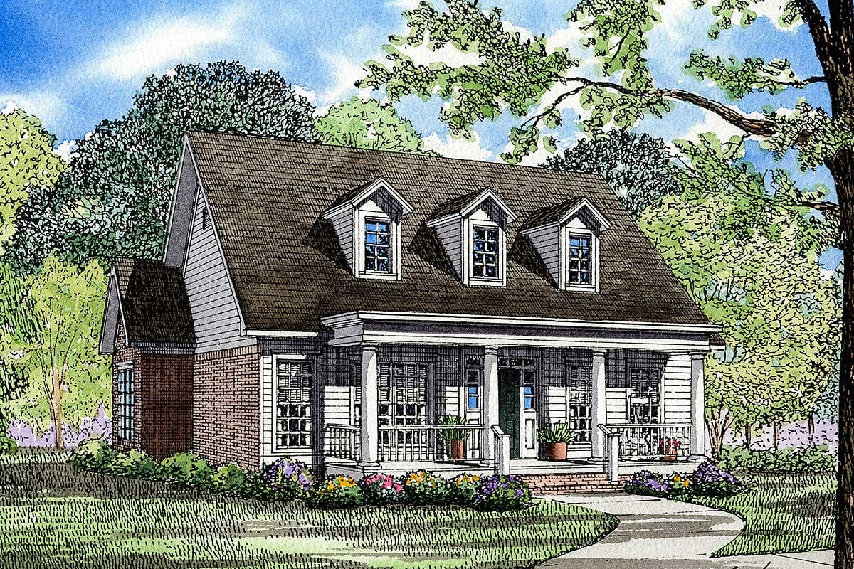 House plan exterior: Two-story traditional home with a full-width porch, gabled dormers, and brick accents.