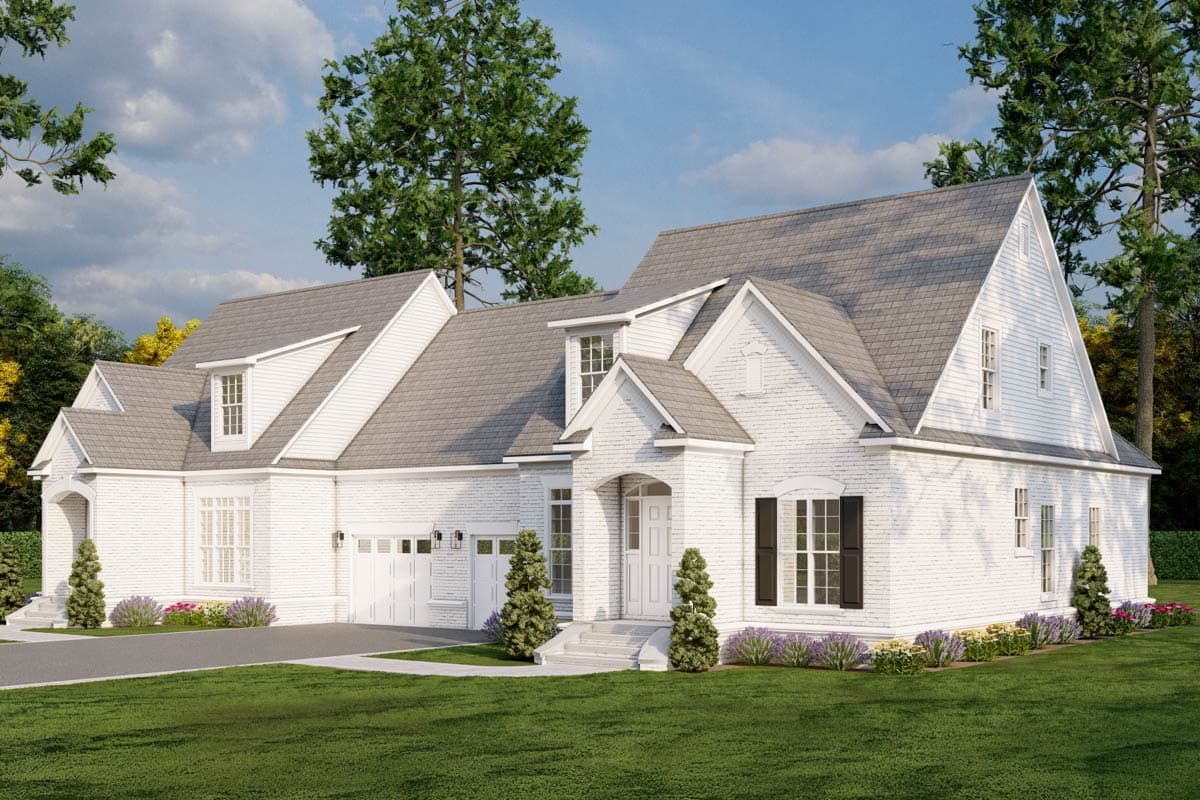 House plan exterior: White brick, two-story residence with gabled dormers, arched entryway, and side-facing garage.