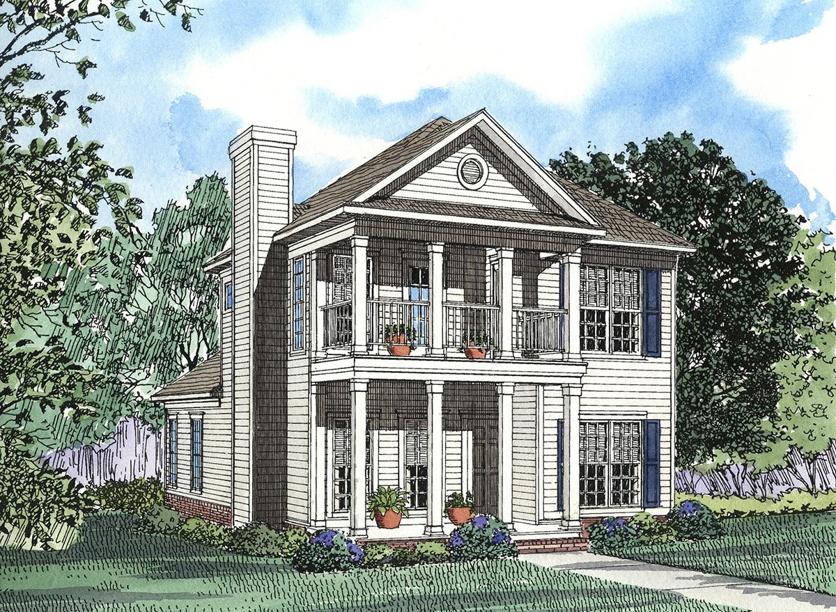 House plan exterior: Two-story home with a prominent double-level front porch, gable, and a prominent chimney.