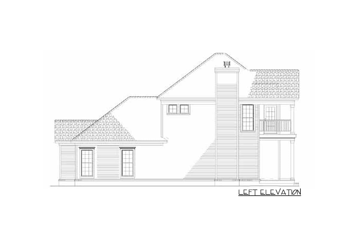 Left elevation house plan with multiple gables, a prominent chimney, and a second-story balcony.