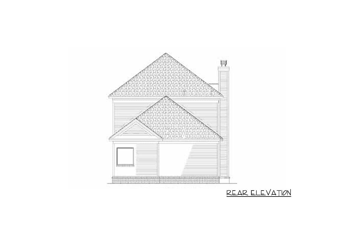 Rear elevation drawing of a two-story house plan featuring gables, dormers, and a prominent chimney.