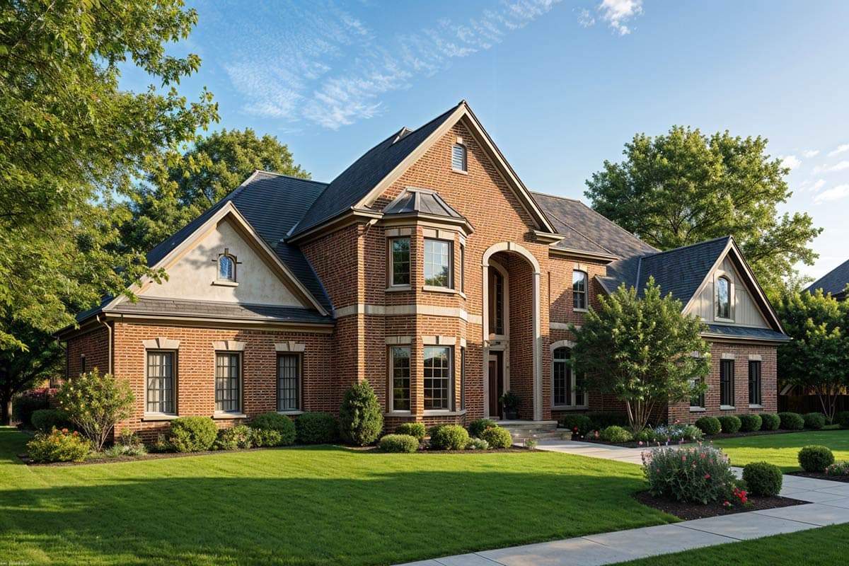 House plan exterior: Brick two-story home with arched entryway, bay window, gables, and dormers.