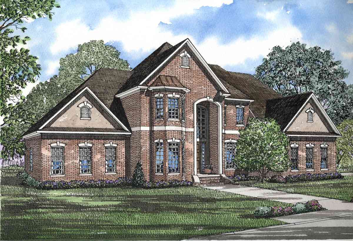 House plan exterior: Two-story brick home with arched entryway, bay window, multiple gables, and dormer windows.