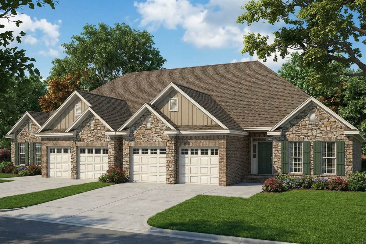 A house with a stone and brick facade, three garage doors, and a manicured lawn. The home has a brown shingled roof and green shutters.