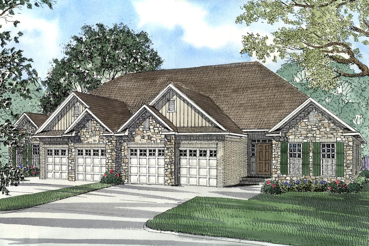 House plan exterior: Ranch style, multiple gables with stone and vertical siding, three-car garage, and covered entry.