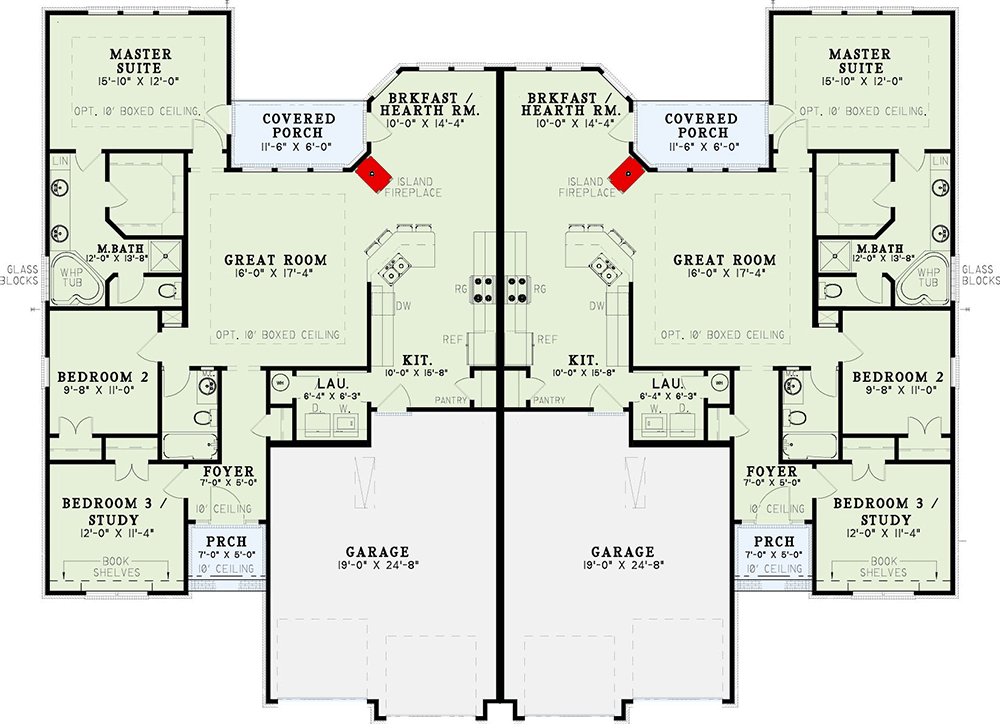 Plan 59501ND: 1520 Square Foot Two Family House Plan with 3 Bed, 2 Bath Units - Floor Plan - Main Level - European, Traditional