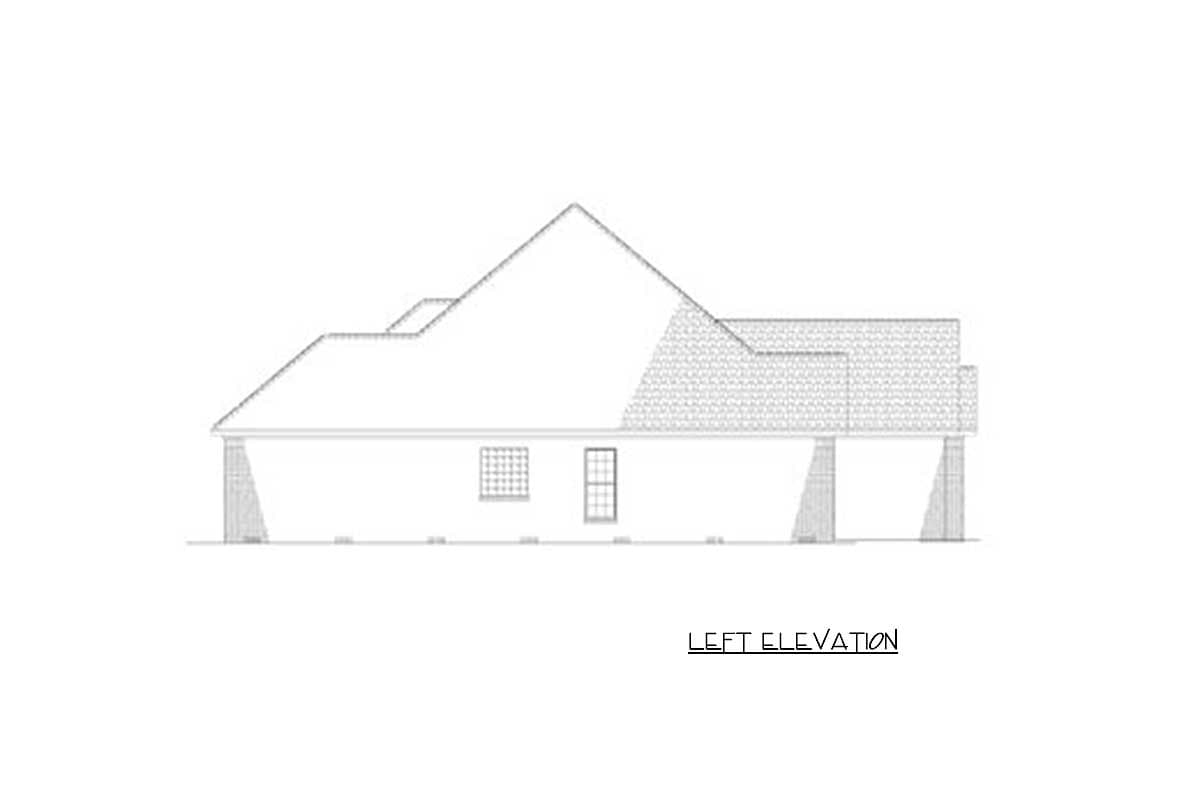 Left elevation house plan showing gabled rooflines, dormer, and two windows.