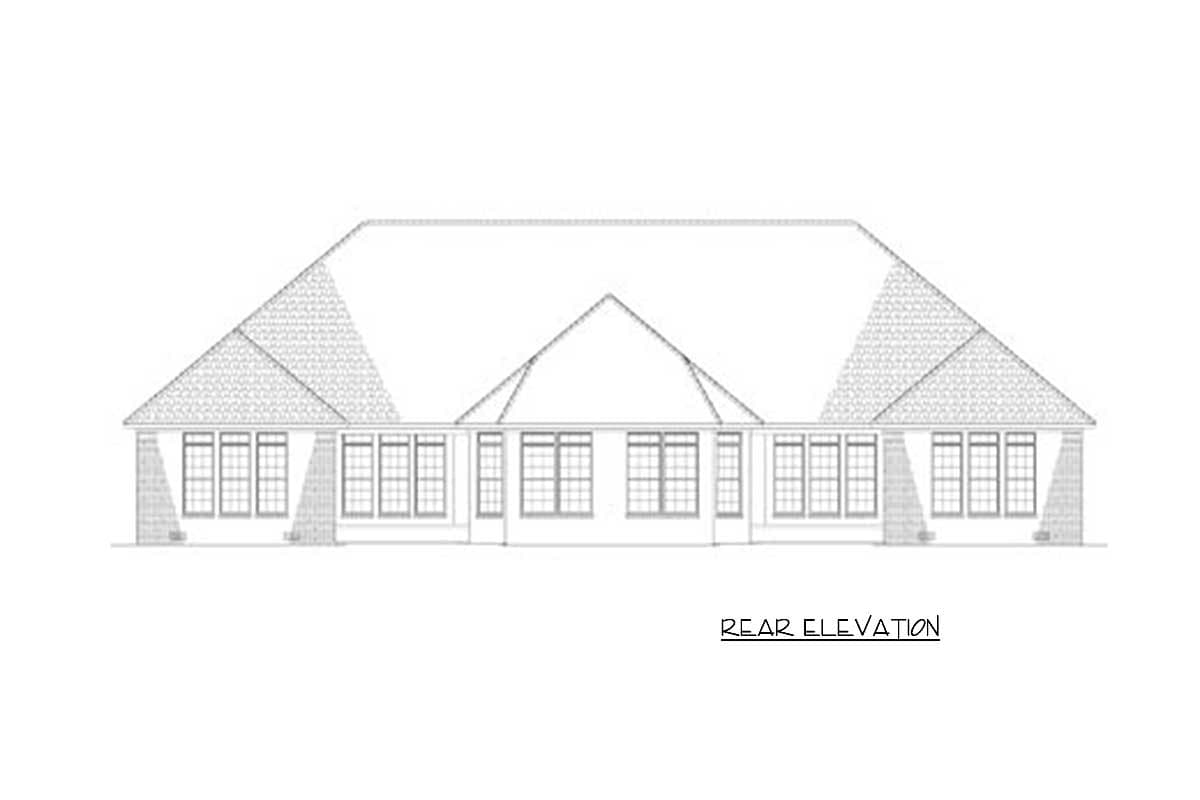 Rear elevation drawing of a single-story house with a hipped roof and multiple windows.