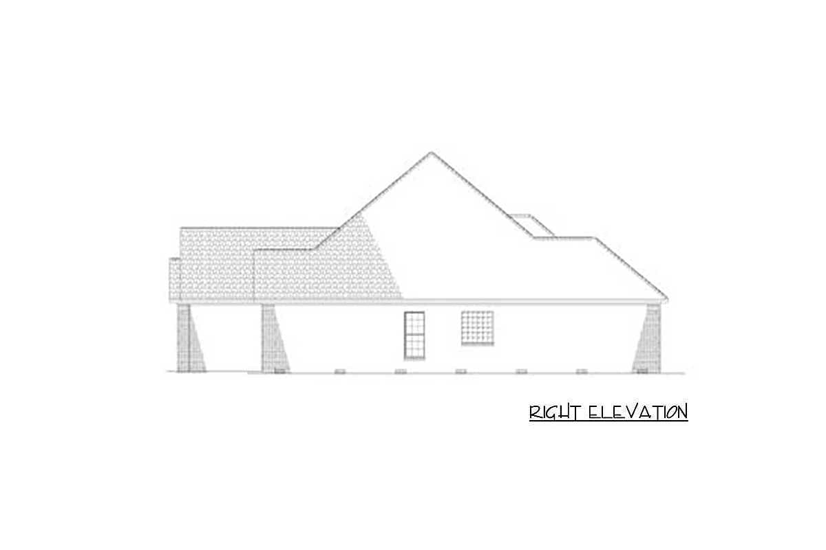 Right elevation drawing of a house plan, showing a prominent gable roofline and brick foundation.