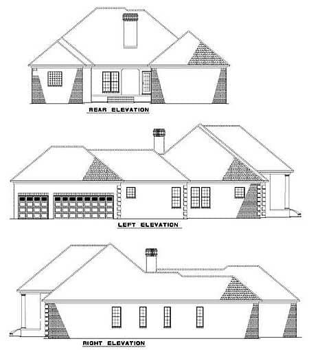 House plan elevations showing front, left, and right views of a one-story home with a three-car garage and gabled dormers.