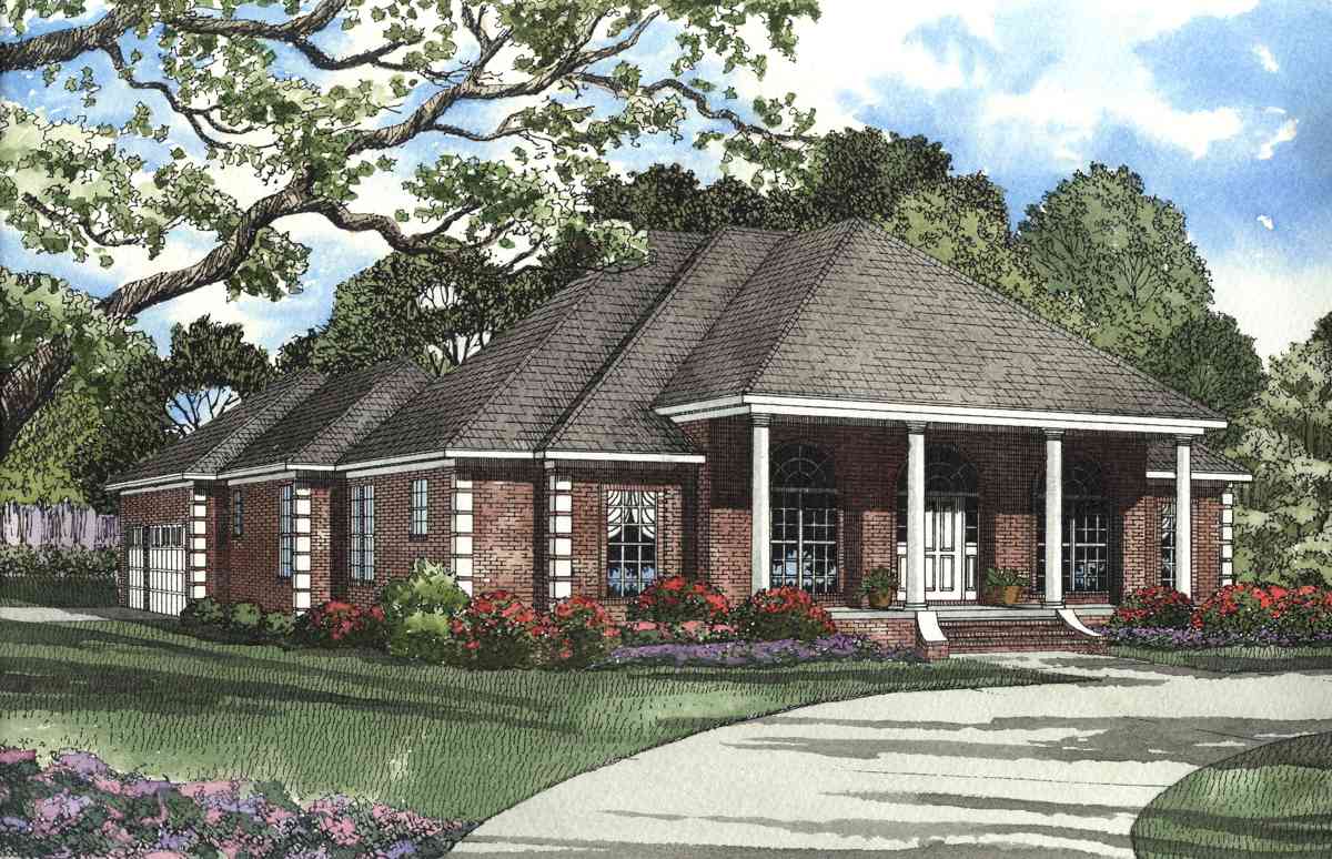 House plan exterior, one-story brick home with a covered porch supported by columns, arched windows, and a side-entry garage.