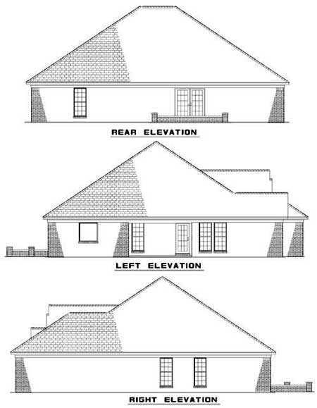 Floor plan elevations show the rear, left, and right sides of a single-story house with gabled rooflines and brick accents.