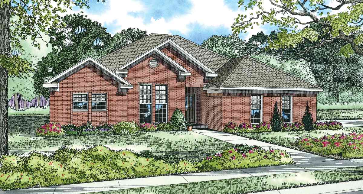 House plan exterior, one story, brick facade, multiple gables, central Palladian window, and attached garage.