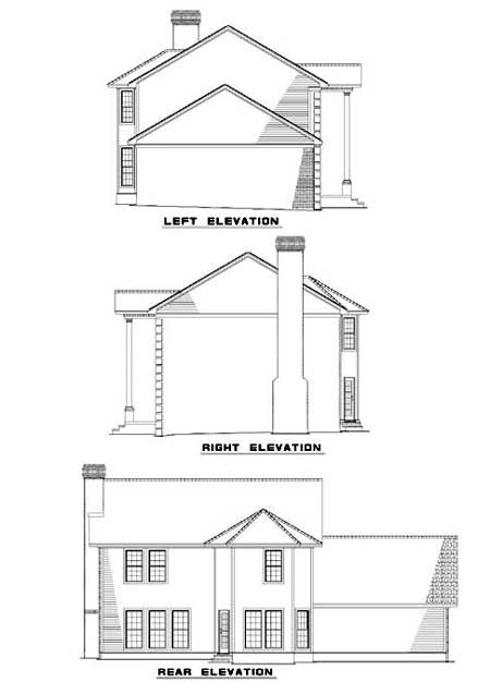 Architectural house plan elevations: left, right, and rear views. Features include chimneys, gables, and covered porch.
