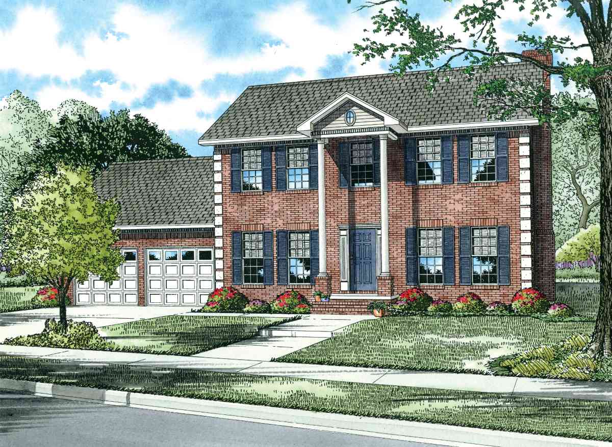 Two-story brick house plan with a symmetrical facade, large central portico with columns, and attached three-car garage.