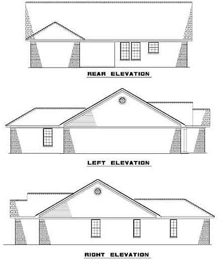 Rear, left, and right elevation drawings of a single-story house plan with a gable roof and brick accents.