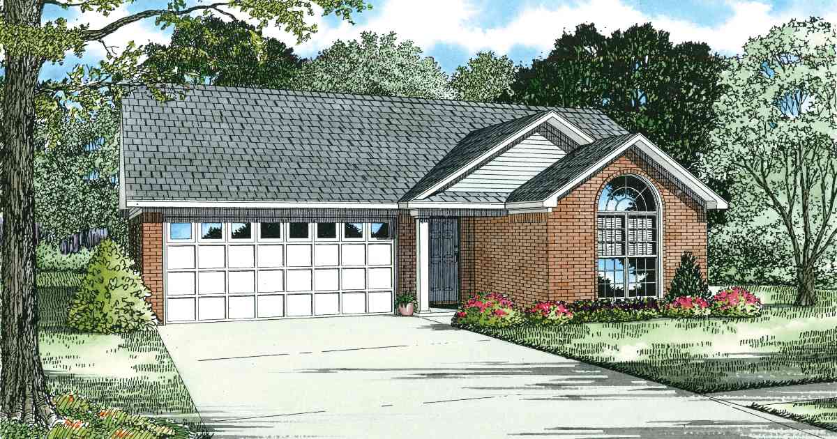 House plan exterior: Single-story brick home with attached garage, peaked roof, and arched window.