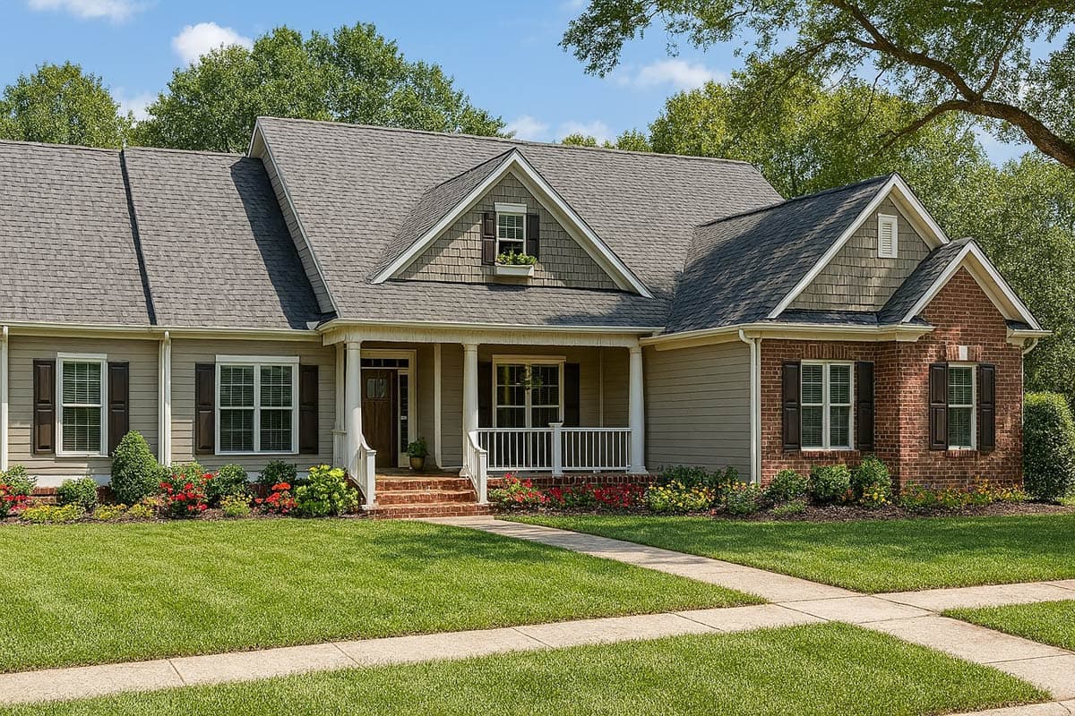 House plan exterior: One-story home with a gabled dormer, covered porch with columns, and brick and siding facade.