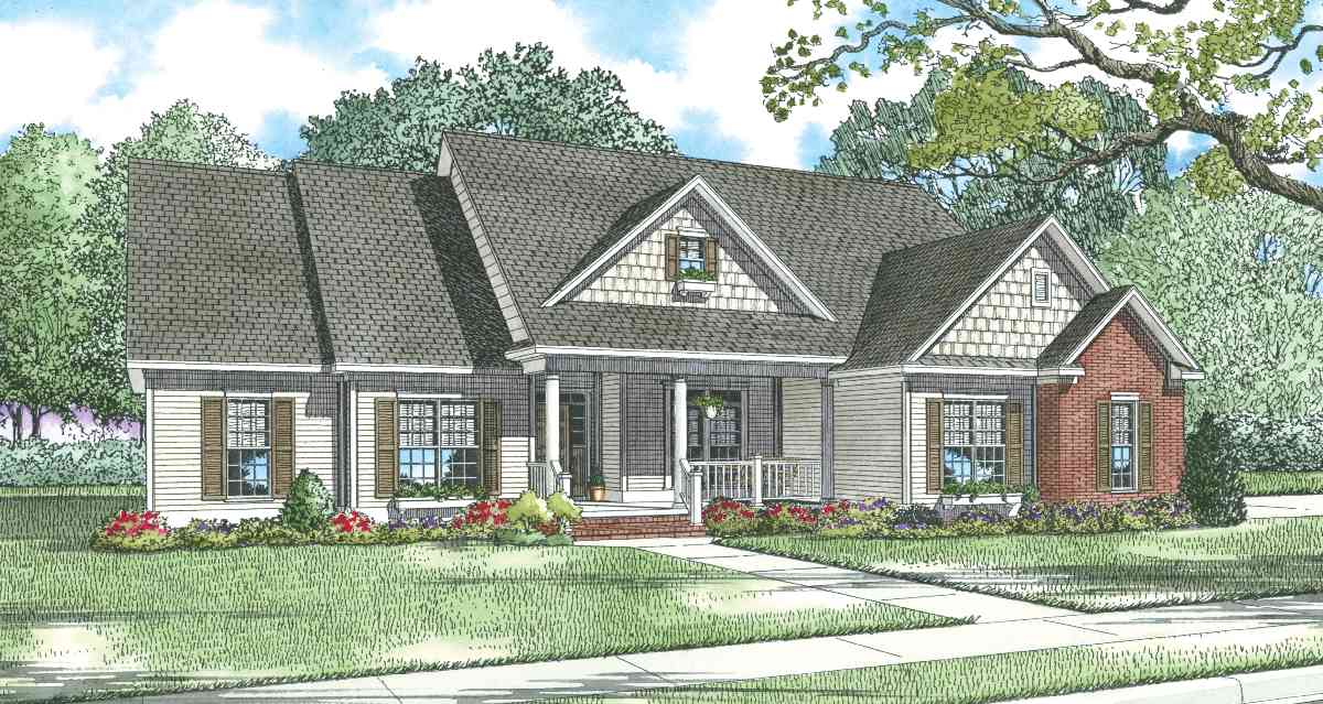 House plan exterior: Ranch-style, single-story with front-facing gables, shingle siding, and covered porch.