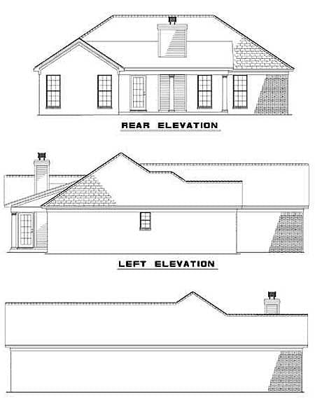 Rear, left, and front elevations of a house plan featuring a prominent gabled dormer, brick accents, and a covered rear porch.