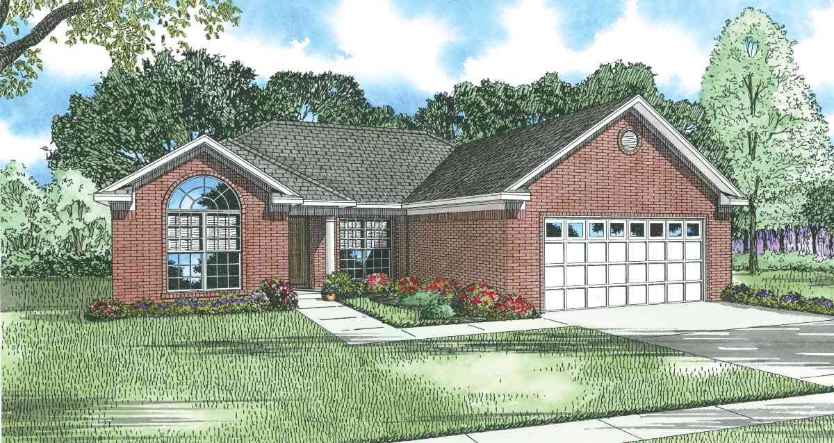 House plan exterior: One-story brick home with arched window, front entry, and attached two-car garage.