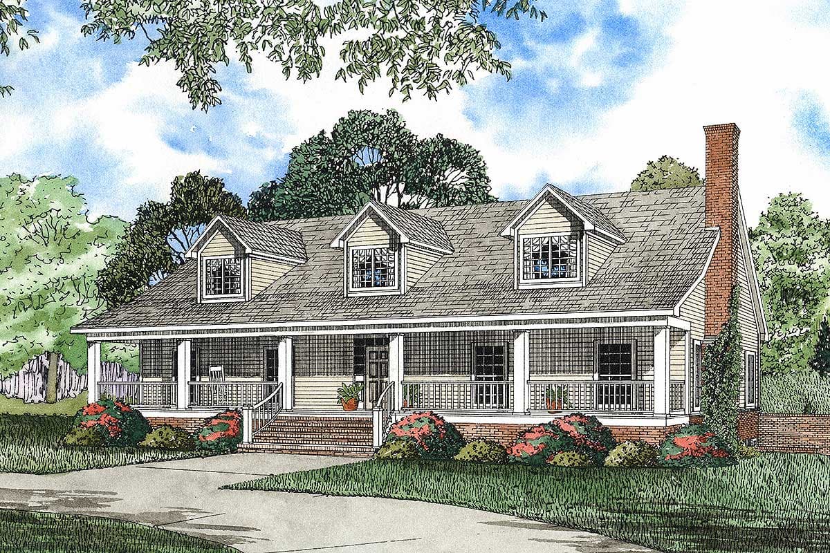 House plan exterior with wrap-around porch, three dormers, and a prominent brick chimney. Features a symmetrical facade.