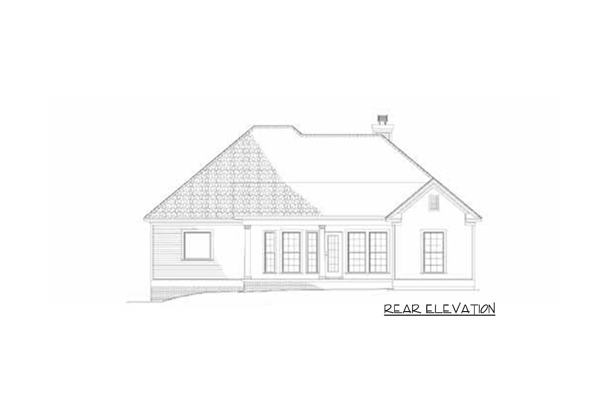 Rear elevation drawing of a house plan featuring a large gabled roof, chimney, and multiple windows.