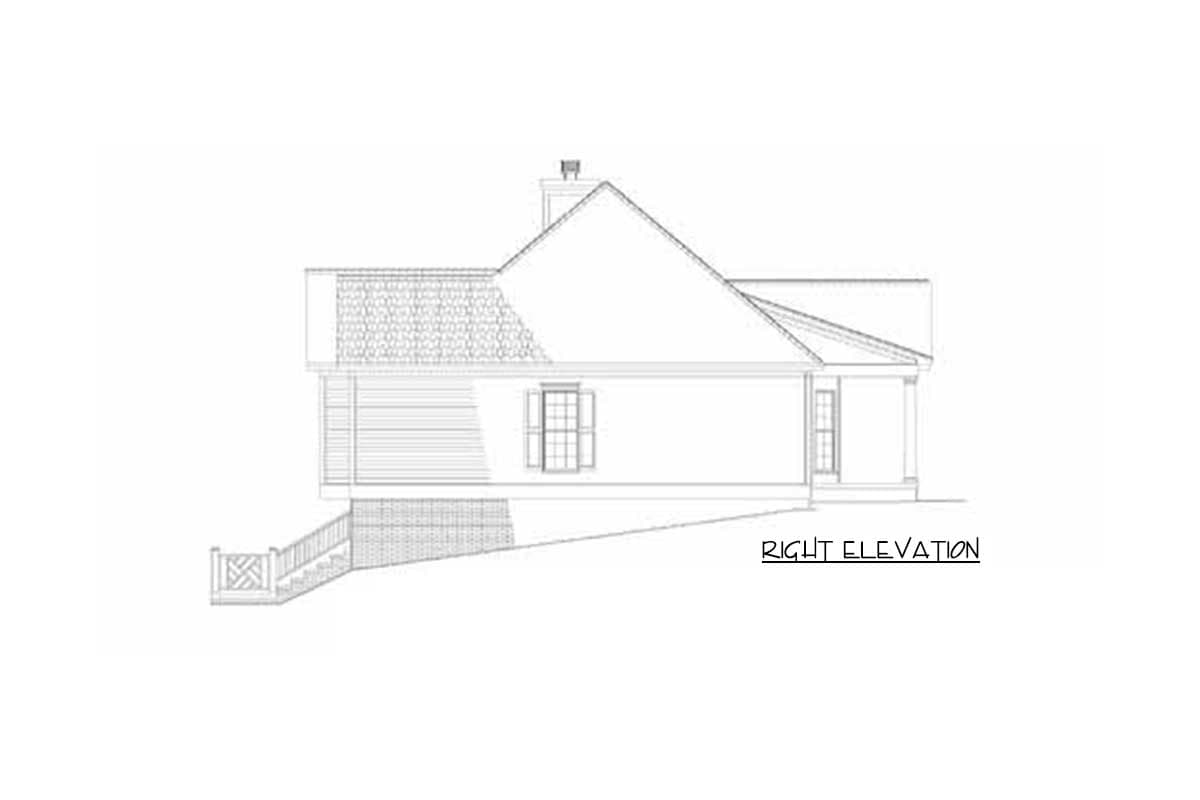 Right elevation drawing of a house plan featuring a prominent gable, shed dormer, and a small covered porch.