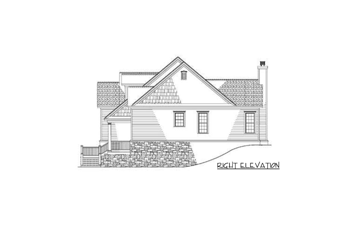 Right elevation drawing of a two-story house plan with a stone foundation, covered porch, multiple gables, and a chimney.