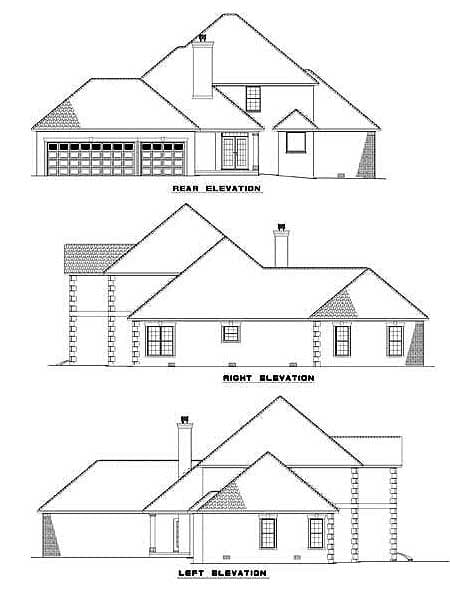 House plan elevations showing rear with double garage, right with dormers, and left with covered porch.