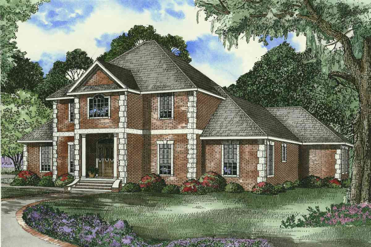 House plan exterior, two-story brick home with a covered front porch, multiple gables, and decorative quoins.