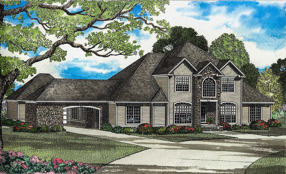 House plan exterior: Two-story home with stone accents, multiple gables, arched windows, and a side-entry porte-cochère.
