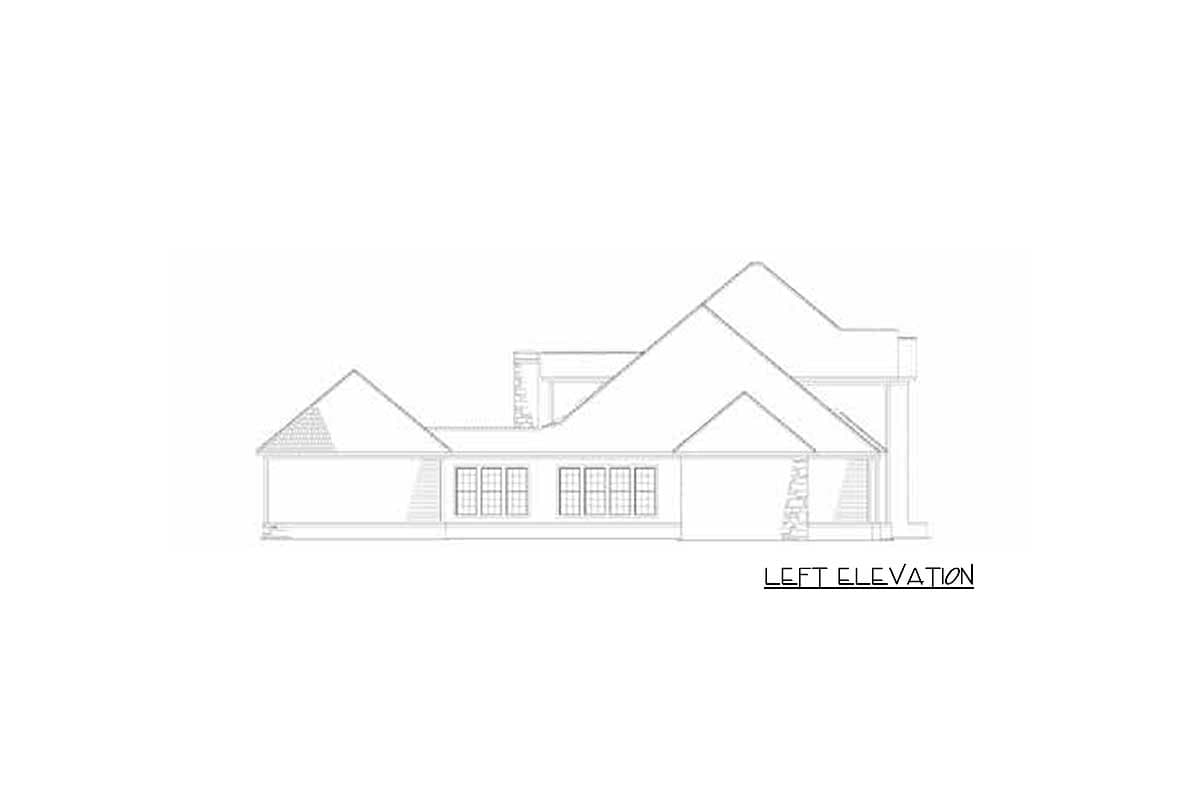 Left elevation house plan drawing showing gables, rooflines, and multiple windows.