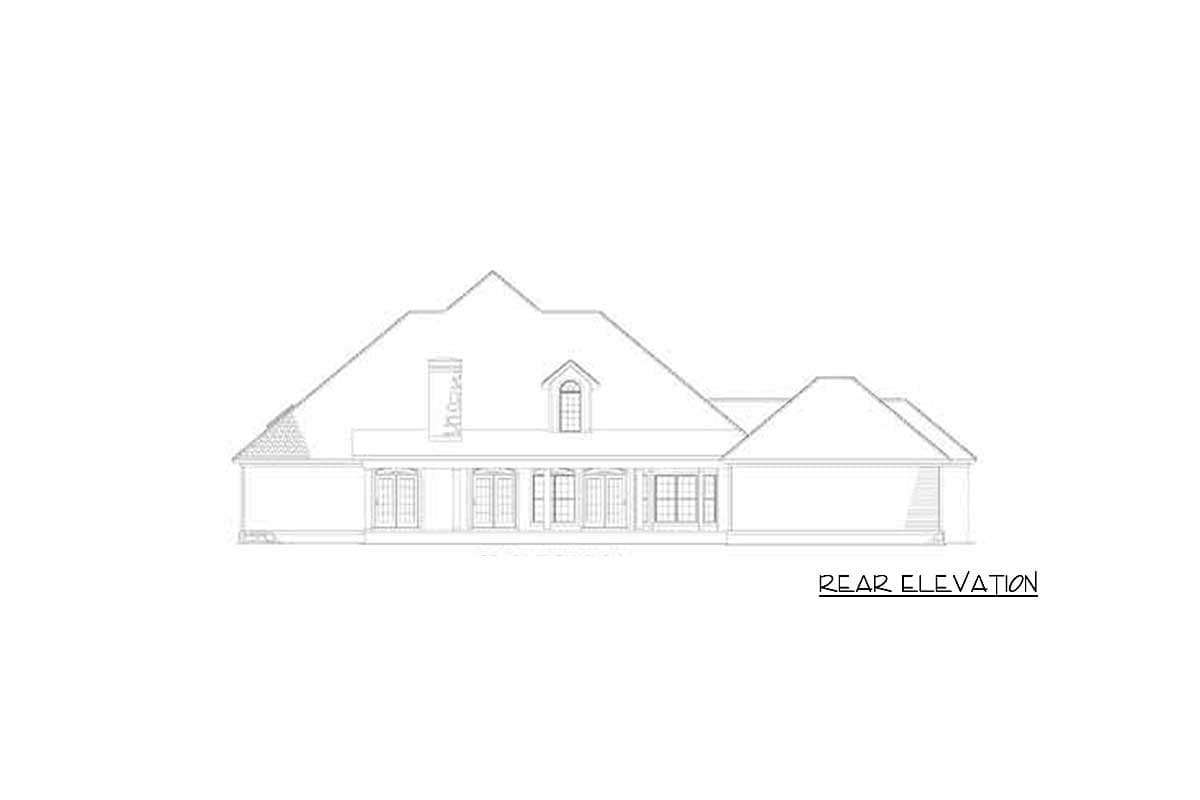 Rear elevation house plan drawing shows a wide covered porch, multiple French doors, and a prominent dormer.