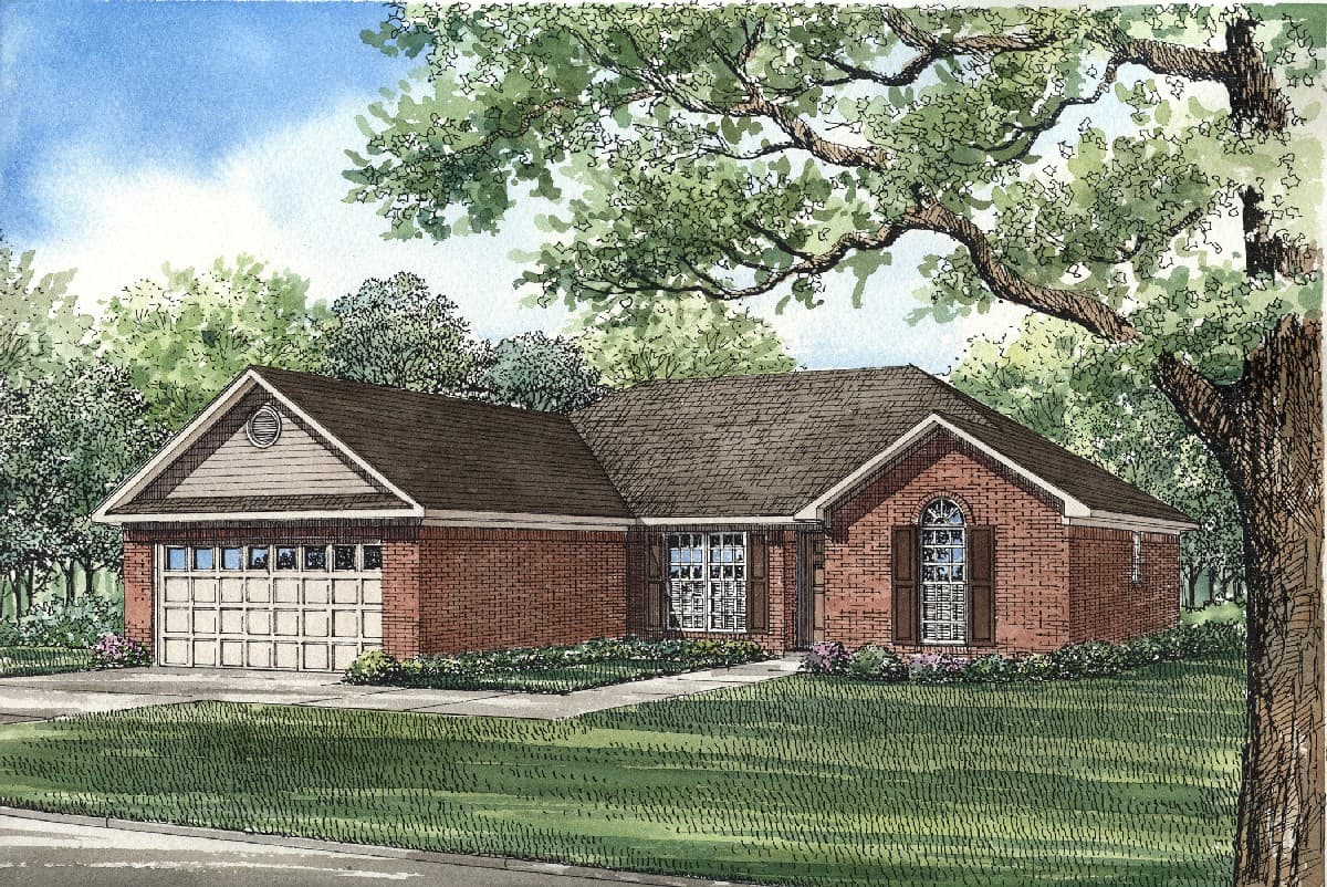 House plan exterior: single-story brick home with attached garage, prominent gable, and arched window.