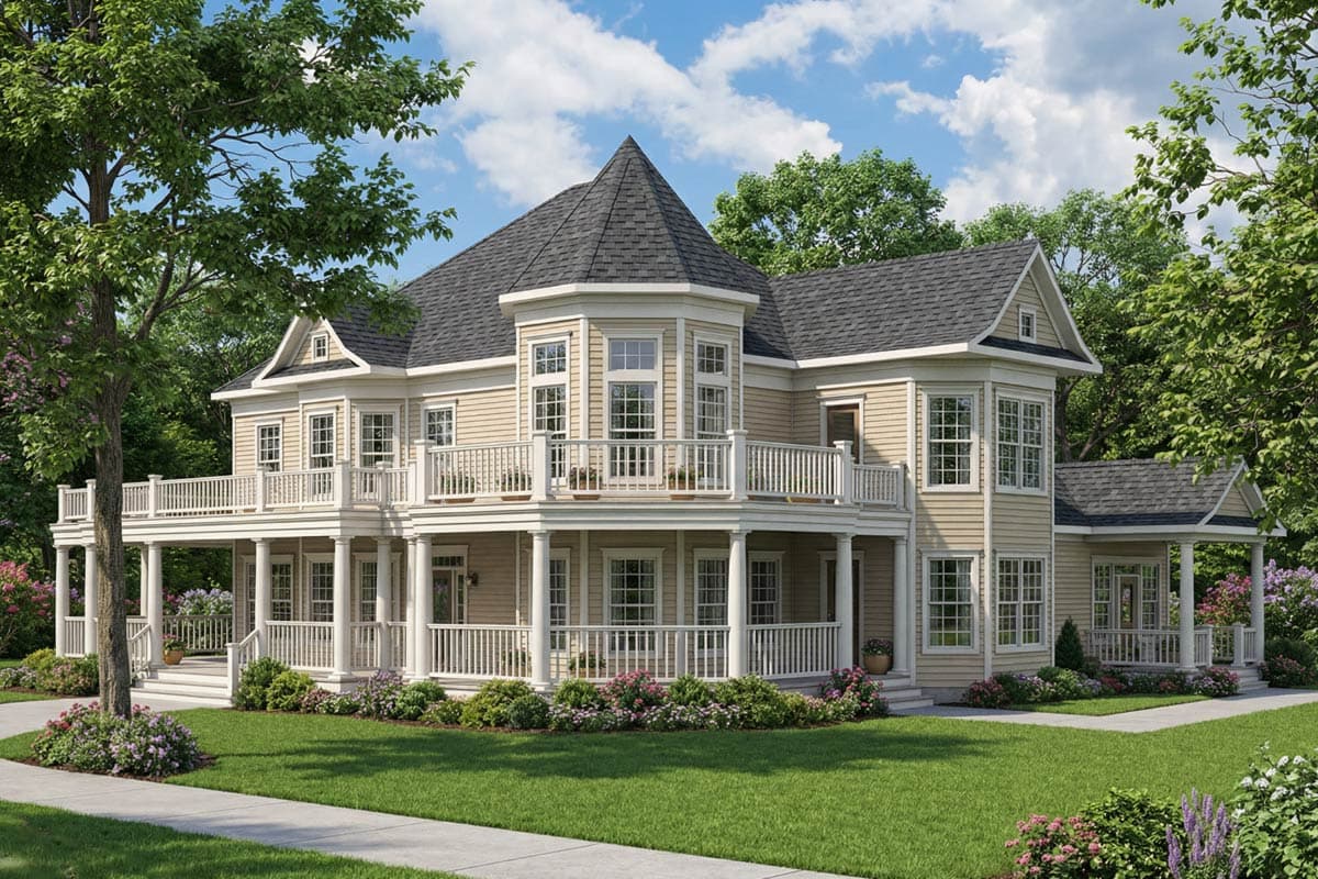 A large, two-story Victorian-style house with a wraparound porch. The beige home has a dark gray roof, lush green lawn, and surrounding trees.