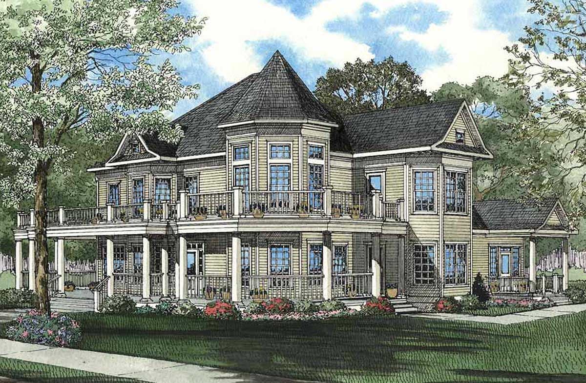 Victorian house plan exterior with a turret, wraparound porch supported by columns, and multiple gables.