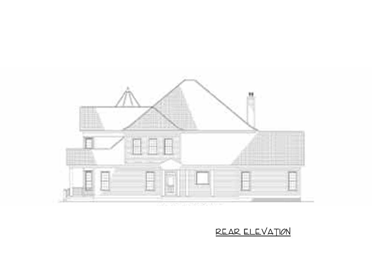 Rear elevation drawing of a two-story house plan with multiple gables, a chimney, and a covered rear porch.