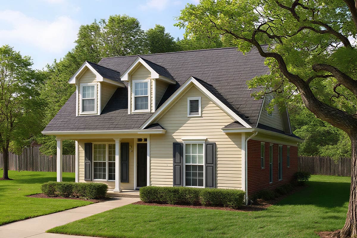 House plan exterior: Two-story home with a covered porch, dormers, and a side-facing garage.
