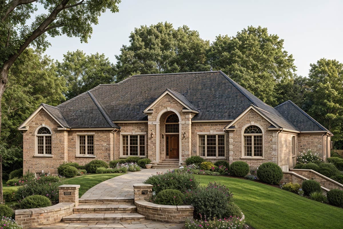 House plan exterior with stone veneer, arched entryway, and multiple gables. Features a paver walkway and a landscaped yard.