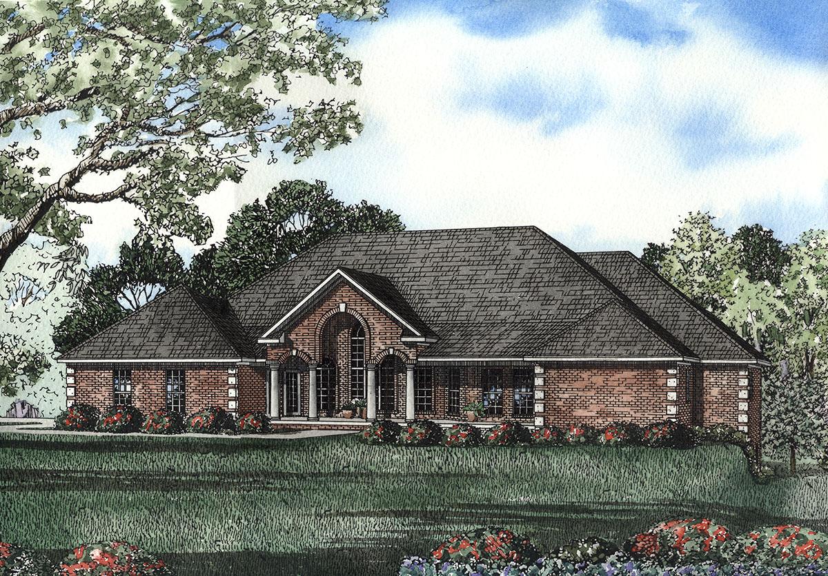 House plan exterior: One-story brick home with a covered entry, arched windows, and a hip roof.