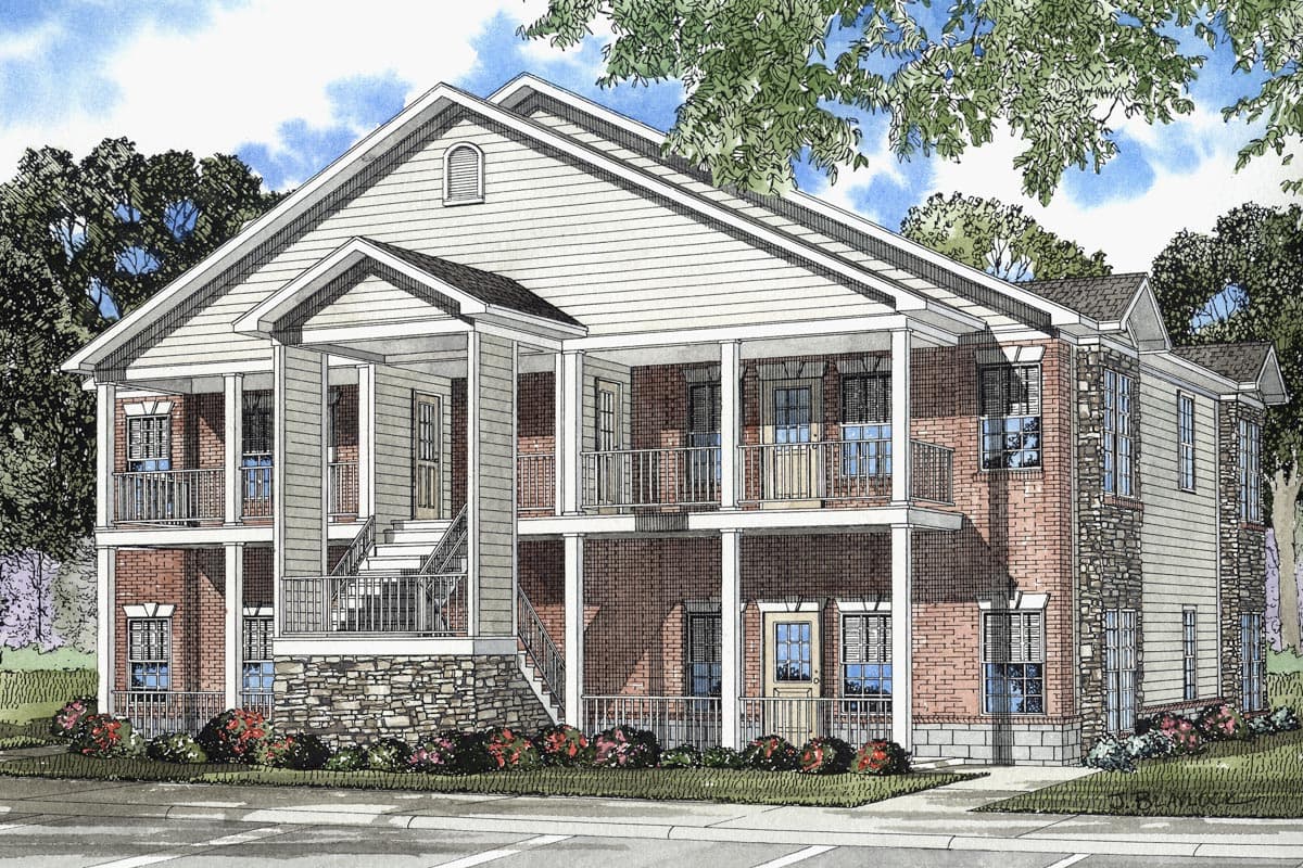 House plan exterior: Two-story dwelling with wraparound balconies, brick and siding exterior, and stone accents.
