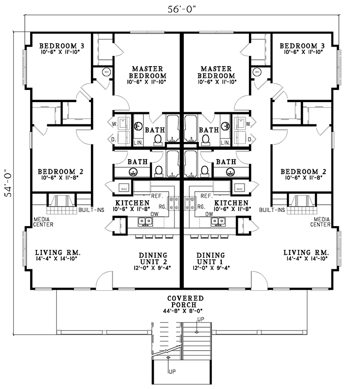 Plan 59529ND: Fourplex House Plan with 1258 Sq Ft Units with 3 Beds Each - Architectural Designs - Floor Plan - Main Level - Traditional