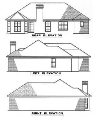 Rear, left, and right elevation drawings of a single-story house plan with gables, a prominent chimney, and a pitched roof.