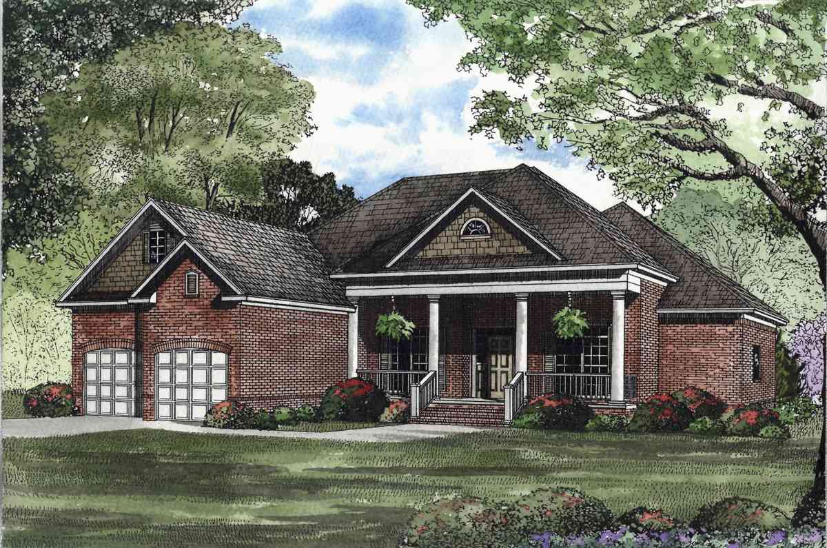 House plan exterior: Brick facade, one story, covered front porch with columns, two-car garage with decorative windows, gabled dormer.