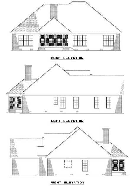 Rear, left, and right elevations of a house plan featuring multiple gables, chimneys, and a sunroom.