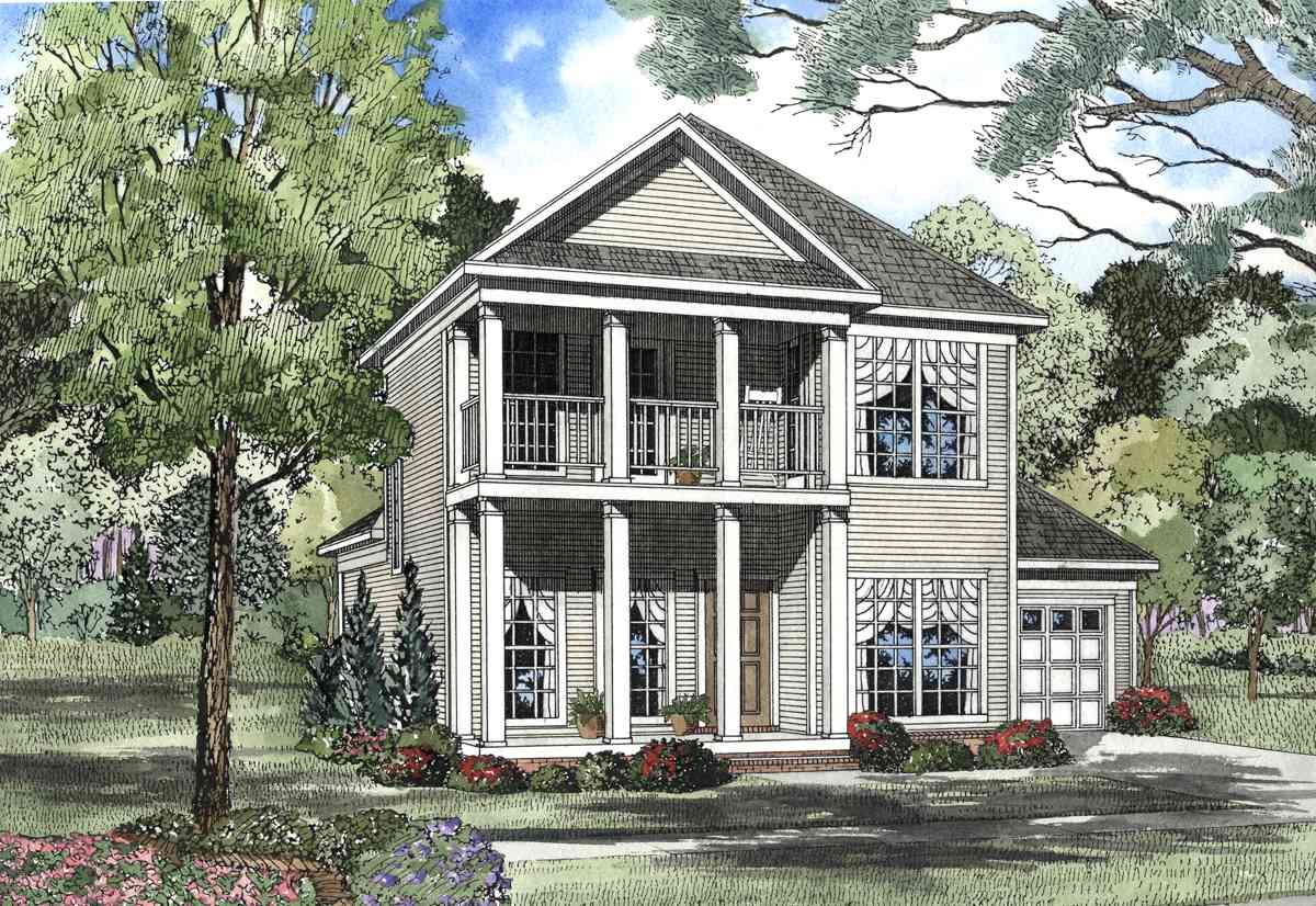Two-story house plan exterior with double-height front porch, upper balcony, gable, and side-entry garage.